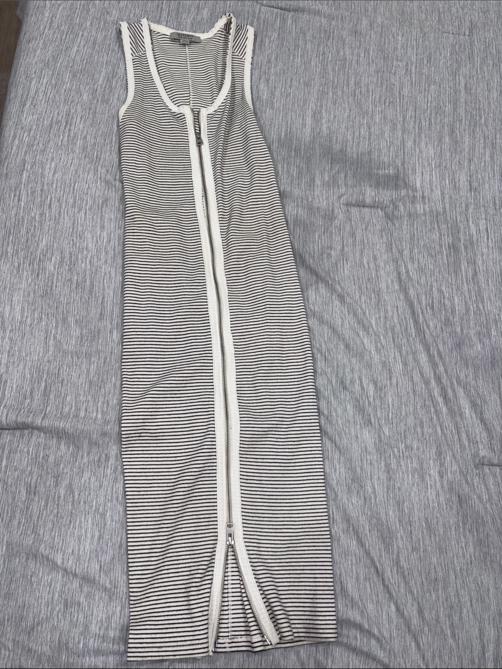 AllSaints Black and White Striped Zip-Front Midi Dress